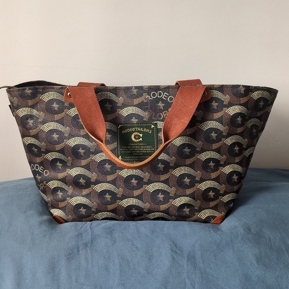Rodeo Tailors Handbags - Brown and Blue Camouflage Tote with Leather Straps